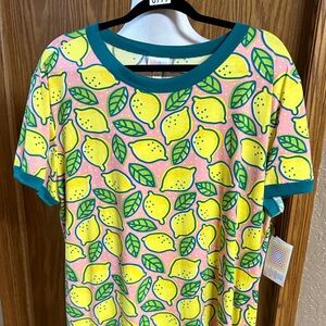 LuLaRoe Pink Lemon Print Tee with Teal Trim